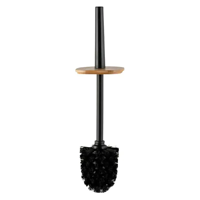 Wenko Rotello WC-Bürstengarnitur - Kunststoff, Schwarz/Natur - Ein moderner WC-Bürstenhalter mit Holzdetails. Die Bürste ist schwarz und der Halter hat einen Holzring. Ideal für jedes Badezimmer.