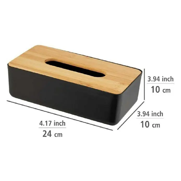 Wenko Rotello Kosmetiktuchbox - L x B x H: 24 x 12 x 7,4 cm, Schwarz/Natur, Matt - Elegante rechteckige Taschentuchbox aus schwarzem Kunststoff mit einem Deckel aus hellem Holz und den Maßen 24 x 10 x 10 cm.