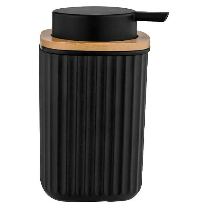 Wenko Rotello Seifenspender - Polystyrol, Schwarz/Natur - Schwarzer Seifenspender mit geriffelter Textur und Bambusdeckel für stilvolle Badezimmer- oder Kücheneinrichtung. Praktisch und dekorativ.