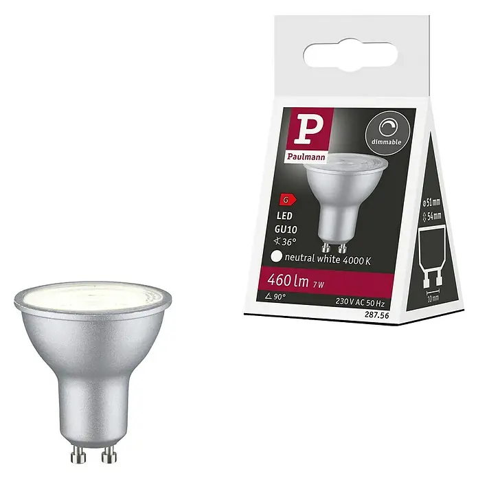 Paulmann LED-Lampe Reflektor Standard - GU10, Dimmbar, Neutralweiß, 460 lm, 7 W, 1 Stk., Chrom matt - Ein Paulmann LED GU10 Leuchtmittel, 7W, mit 460 Lumen und neutralweißem Licht (4000K), zusammen mit seiner Verpackung.