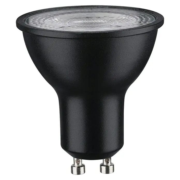 Paulmann LED-Lampe Reflektor StandardGU10, Dimmbar, Neutralweiß, 460 lm, 7 W, 1 Stk., Schwarz - Nahaufnahme einer schwarzen MR16 LED-Lampe, die modernes Design und Energieeffizienz vereint, ideal für stilvolle Beleuchtungslösungen.