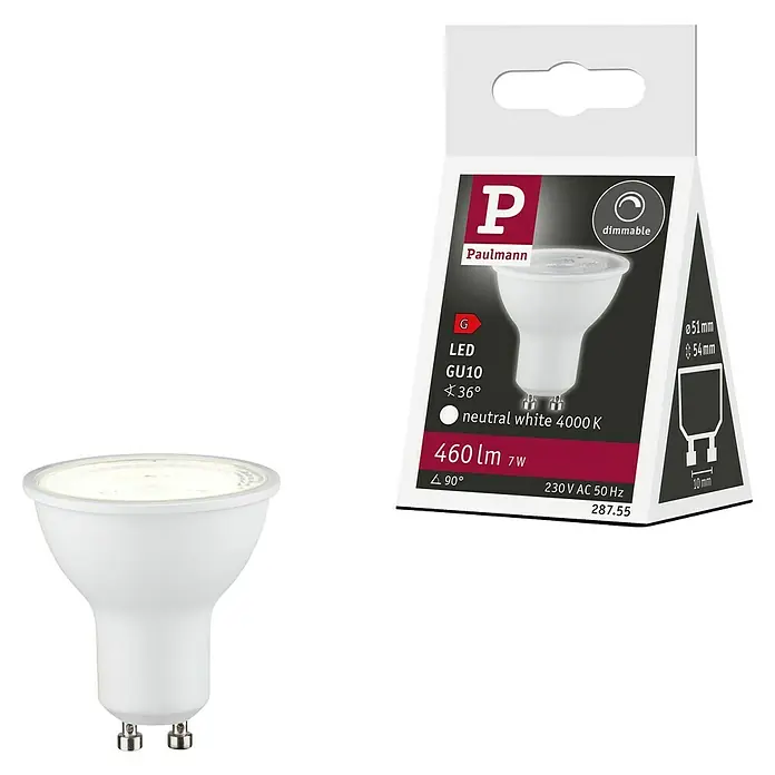 Paulmann LED-Lampe Reflektor Standard - GU10, Dimmbar, Neutralweiß, 460 lm, 7 W, 1 Stk., Weiß matt - Produktansicht einer Paulmann LED GU10 Lampe mit 460 Lumen und 7W, neutralweißem Licht (4000K), dimmbar, zusammen mit der Produktverpackung.