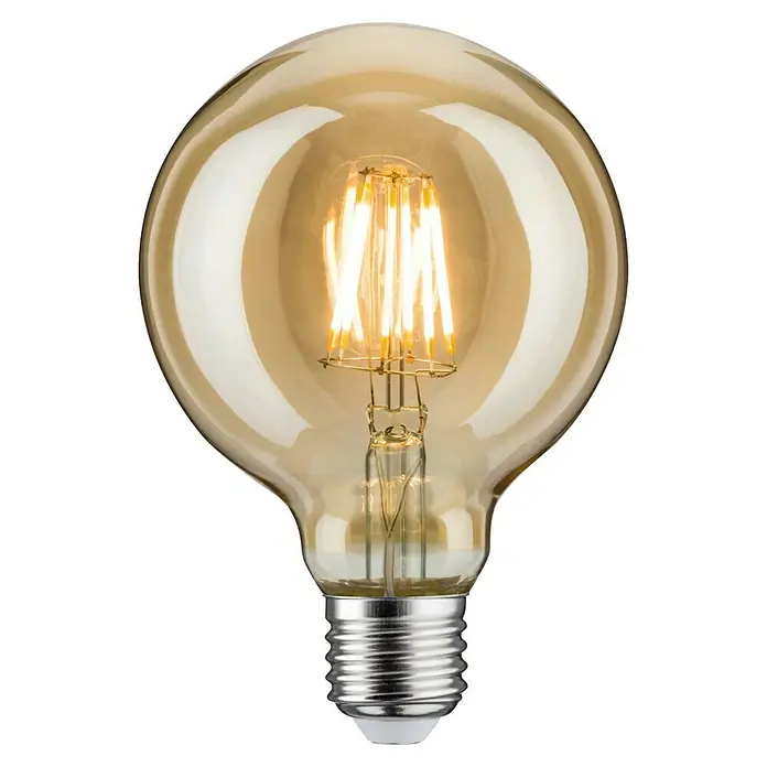 Paulmann LED-Lampe Vintage 1879 Filament - E27, Dimmbar, Warmweiß, 450 lm, 6 W, 1 Stk. - Nahaufnahme einer Vintage-Glühbirne mit warmem Licht und filigranen Glühfäden. Die goldene Tönung des Glases verstärkt den nostalgischen Charme.