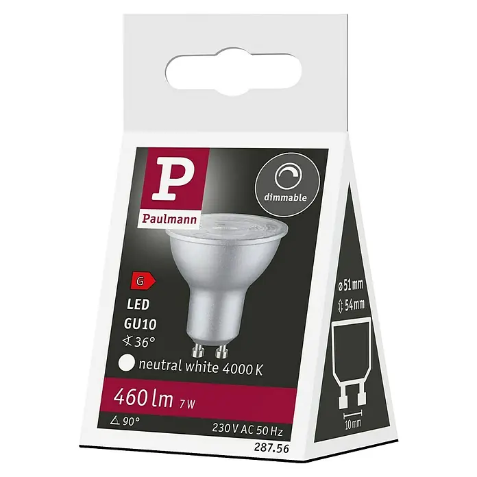Paulmann LED-Lampe Reflektor Standard - GU10, Dimmbar, Neutralweiß, 460 lm, 7 W, 1 Stk., Chrom matt - Abbildung einer Paulmann LED GU10 Lampe mit 7W, dimmbar, neutralweiß (4000K) und einer Helligkeit von 460 Lumen auf der Verpackung.