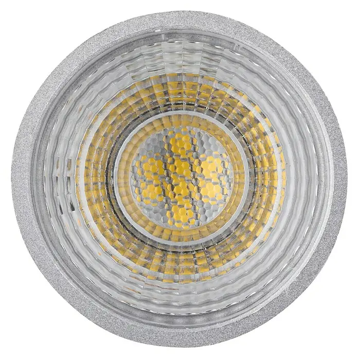 Paulmann LED-Lampe Reflektor Standard - GU10, Dimmbar, Neutralweiß, 460 lm, 7 W, 1 Stk., Chrom matt - Nahaufnahme einer runden LED-Lampe mit einem silbernen Rahmen und gelben LED-Chips, die in einem konzentrischen Muster angeordnet sind.