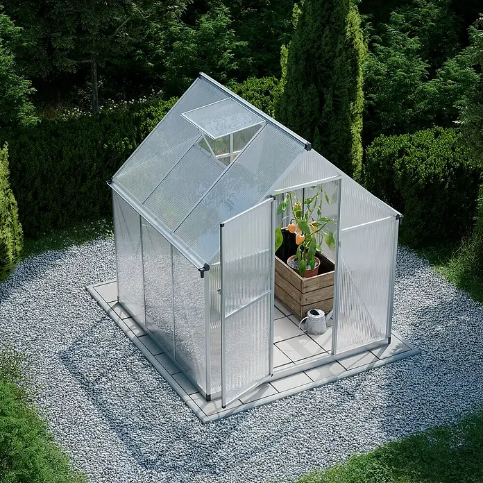 Geo garden Gewächshaus Paris - Außenmaß inkl. Dachüberstand (B x T): 178,2 x 168,4 cm, Silber - Das Bild zeigt ein Gewächshaus mit Polycarbonatplatten, das sich ideal für den Anbau von Pflanzen im eigenen Garten eignet.