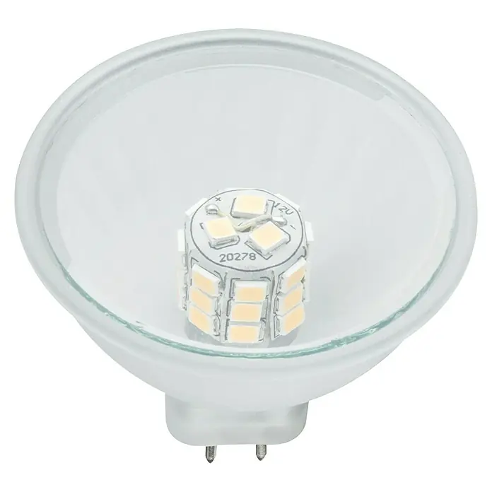 Paulmann LED-Lampe Reflektor Maxiflood - G5,3, Nicht Dimmbar, Warmweiß, 200 lm, 3 W, 1 Stk. - Nahaufnahme einer MR16 LED-Lampe mit klarem Reflektor, die die LED-Chips und die Stifte deutlich zeigt. Ideal für energieeffiziente Beleuchtungslösungen.