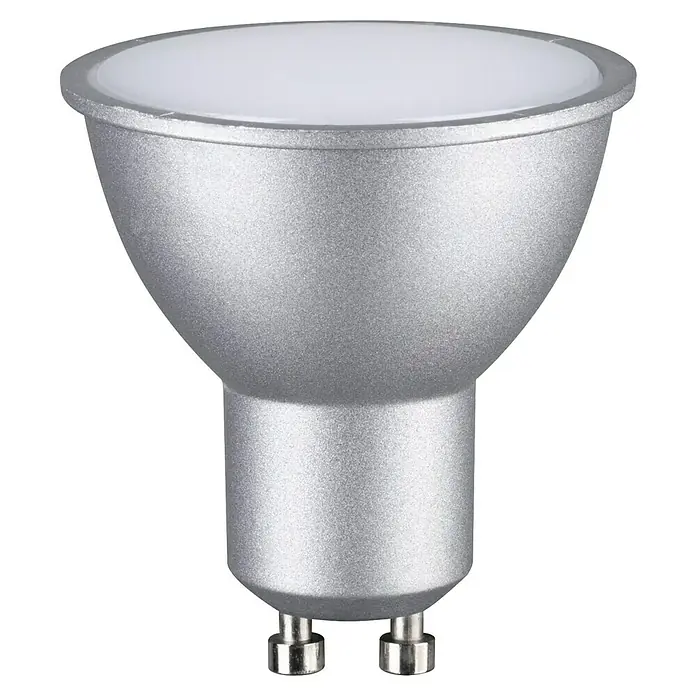 Paulmann LED-Lampe Reflektor Standard - Nicht Dimmbar, Warmweiß, 460 lm, 5,7 W - Nahaufnahme einer silbernen GU10 LED-Lampe, die moderne Beleuchtung und Energieeffizienz vereint.\n