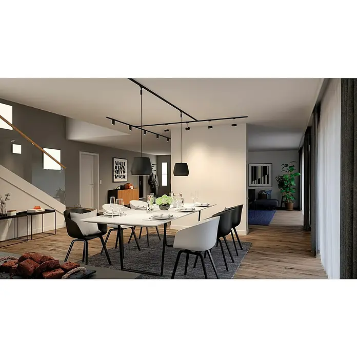 Paulmann LED-Lampe Reflektor StandardGU10, Dimmbar, Neutralweiß, 460 lm, 7 W, 1 Stk., Schwarz - Esszimmer mit Esstisch, Stühlen und modernen Pendelleuchten. Das Zimmer ist stilvoll eingerichtet mit minimalistischem Design.