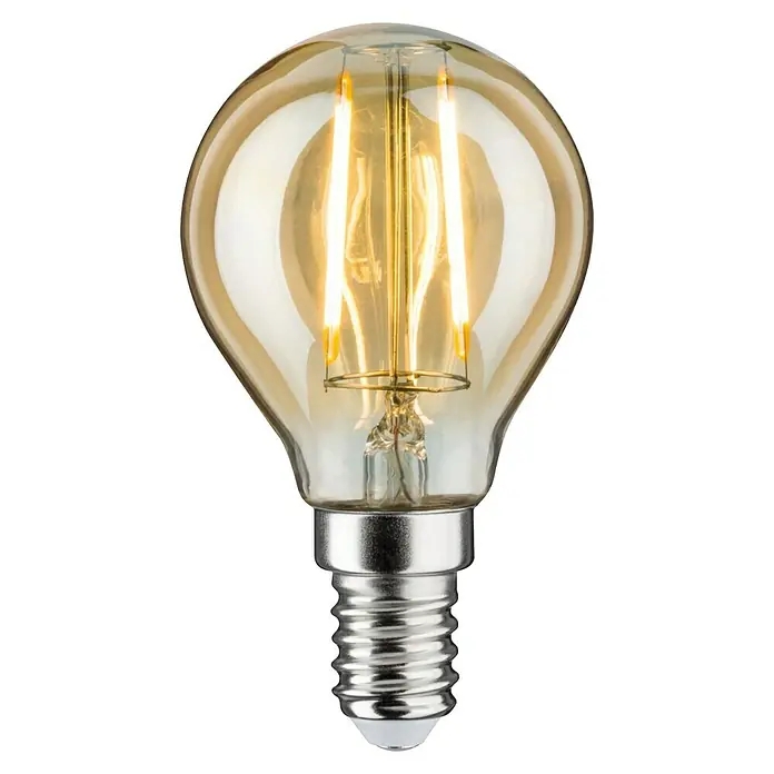 Paulmann LED-Lampe Vintage 1879 Filament - E14, Nicht Dimmbar, Warmweiß, 160 lm, 3 W, 1 Stk. - Nahaufnahme einer dekorativen LED-Lampe mit goldenem Farbton, die ein warmes und einladendes Licht ausstrahlt.