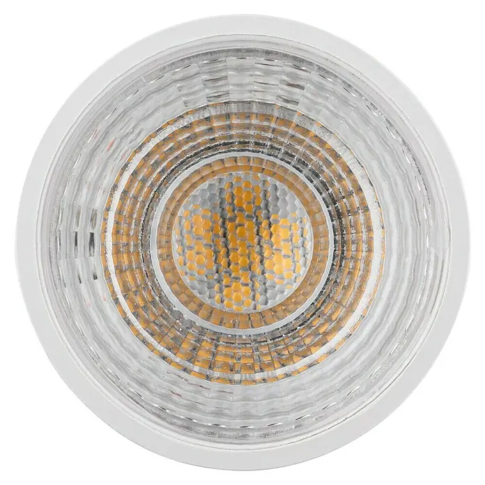 Paulmann LED-Lampe Reflektor Standard - GU10, Dimmbar, Warmweiß, 460 lm, 7 W, 1 Stk. - Nahaufnahme einer runden LED-Lampe mit einem klaren, reflektierenden Gehäuse und einem gelben LED-Array in der Mitte.