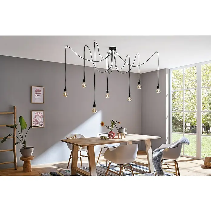Paulmann LED-Lampe Vintage 1879 Filament - E27, Dimmbar, Warmweiß, 450 lm, 6 W, 1 Stk. - Pendelleuchte mit sieben Glühbirnen, die von der Decke hängen und den Essbereich beleuchten. Das moderne Design passt gut zur Einrichtung.