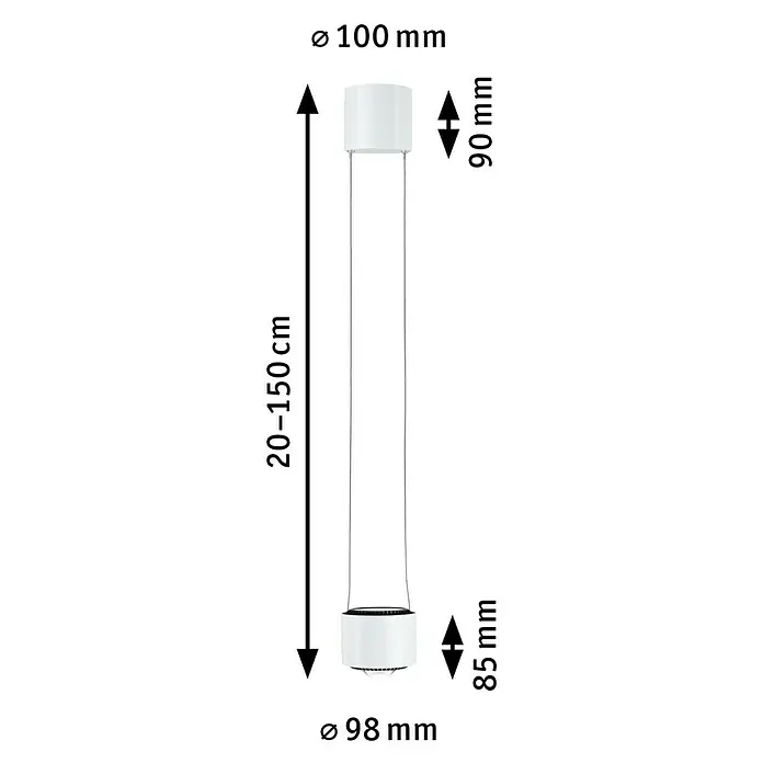 Paulmann URail LED-Pendelleuchte Aldan - Neutralweiß, Signalweiß, Ø x H: 9,8 x 150 cm, 4.000 K - Produktdimensionen: Eine Leuchte mit 100 mm Durchmesser oben, 98 mm unten, 90 mm bzw. 85 mm Höhe und 20-150 cm Gesamtlänge.
