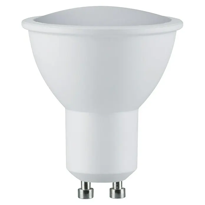 Paulmann LED-Lampe Reflektor Standard - GU10, Dimmbar, Warmweiß, 460 lm, 5,5 W, 1 Stk. - Nahaufnahme einer GU10 LED-Lampe mit weißem Gehäuse und zwei Stiftkontakten, ideal für den Einsatz in Strahlern und Einbauleuchten.