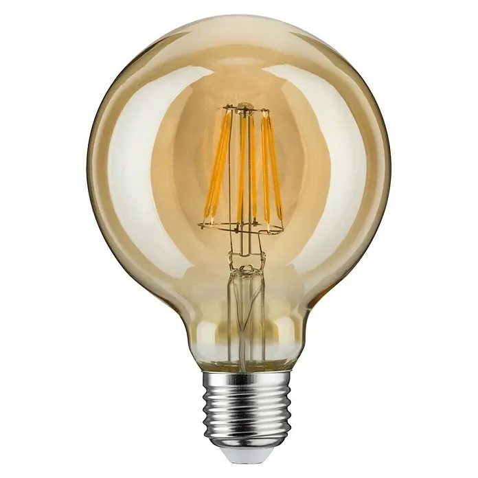 Paulmann LED-Lampe Vintage 1879 Filament - E27, Dimmbar, Warmweiß, 450 lm, 6 W, 1 Stk. - Nahaufnahme einer bernsteinfarbenen Edison-Glühbirne mit sichtbarem Glühfaden, die warmes Licht und einen Retro-Look verspricht.