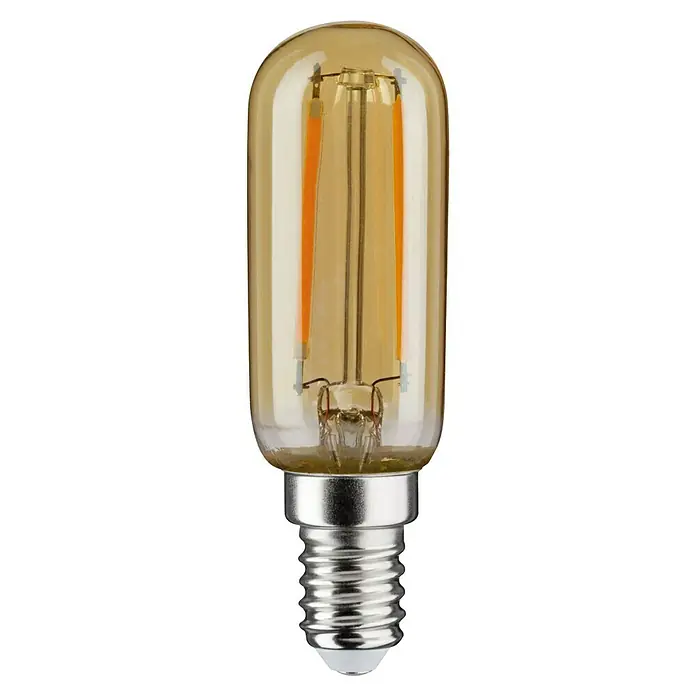 Paulmann LED-Lampe Vintage 1879 Filament - E14, Nicht Dimmbar, Warmweiß, 145 lm, 2 W, 1 Stk. - Nahaufnahme einer länglichen LED-Glühbirne mit bernsteinfarbenem Glas, die ein warmes, nostalgisches Licht ausstrahlt und Energieeffizienz bietet.