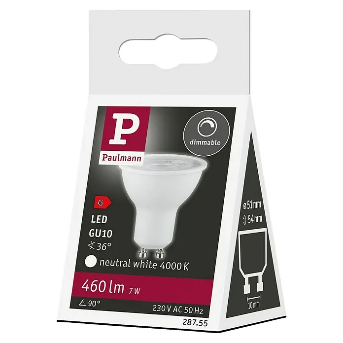 Paulmann LED-Lampe Reflektor Standard - GU10, Dimmbar, Neutralweiß, 460 lm, 7 W, 1 Stk., Weiß matt - Produktverpackung einer Paulmann LED GU10 Lampe, 7W, 4000K neutralweiß, dimmbar, mit technischen Details und Abmessungen auf der Packung.