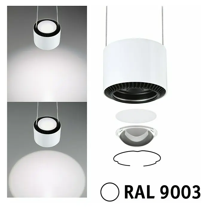 Paulmann URail LED-Pendelleuchte Aldan - Neutralweiß, Signalweiß, Ø x H: 9,8 x 150 cm, 4.000 K - Produktbild einer modernen, weißen Pendelleuchte mit detaillierter Explosionsansicht.