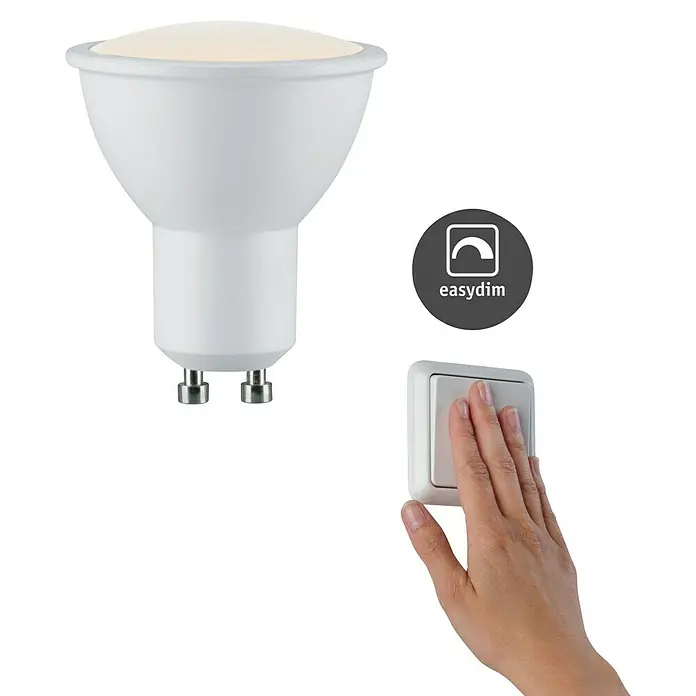 Paulmann LED-Lampe Reflektor Standard - GU10, Dimmbar, Warmweiß, 460 lm, 5,5 W, 1 Stk. - LED-Lampe mit Easy-Dim-Funktion und ein Wandschalter, der von einer Hand bedient wird, auf schwarzem Hintergrund.