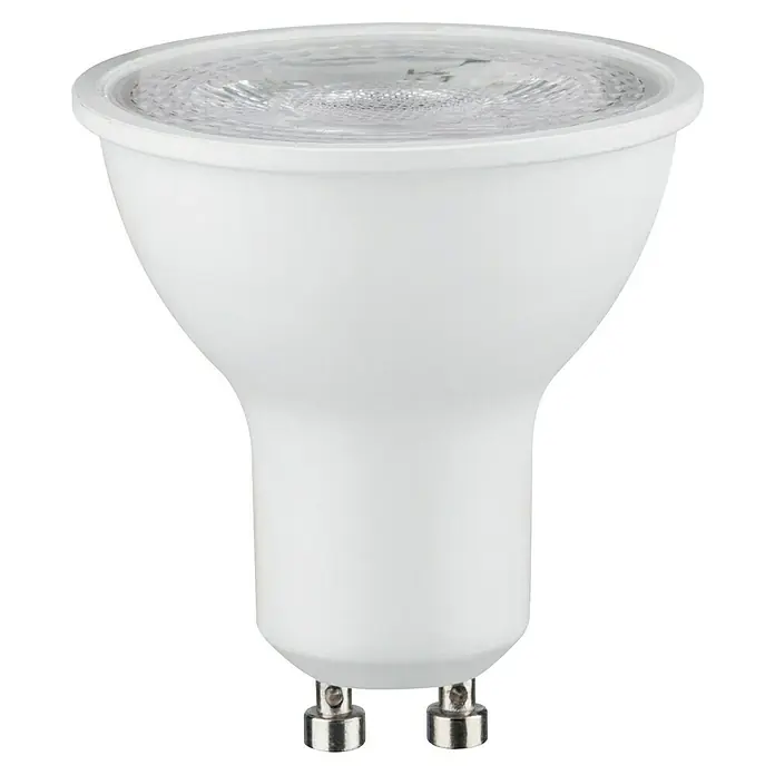 Paulmann LED-Lampe Reflektor Standard - GU10, Dimmbar, Warmweiß, 460 lm, 7 W, 1 Stk. - Nahaufnahme einer weißen GU10 LED-Lampe mit klarem Diffusor und zwei Stiftkontakten, ideal für Akzentbeleuchtung.