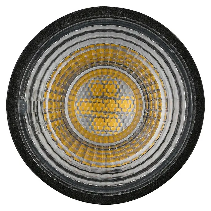 Paulmann LED-Lampe Reflektor StandardGU10, Dimmbar, Neutralweiß, 460 lm, 7 W, 1 Stk., Schwarz - Nahaufnahme einer LED-Lampe mit gelben LEDs und einem klaren, geriffelten Gehäuse.
