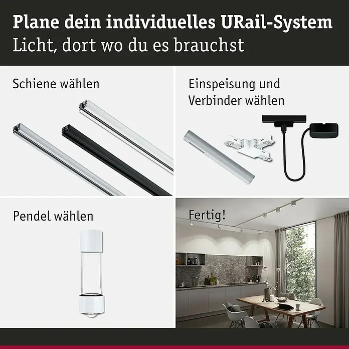 Paulmann URail LED-Pendelleuchte Aldan - Signalweiß, Höhe: 150 cm, Dimmbar - Das Bild zeigt ein URail-System, das aus Schienen, Einspeisungen, Verbindern und Pendeln besteht. Es zeigt die einzelnen Komponenten und das fertige Ergebnis.