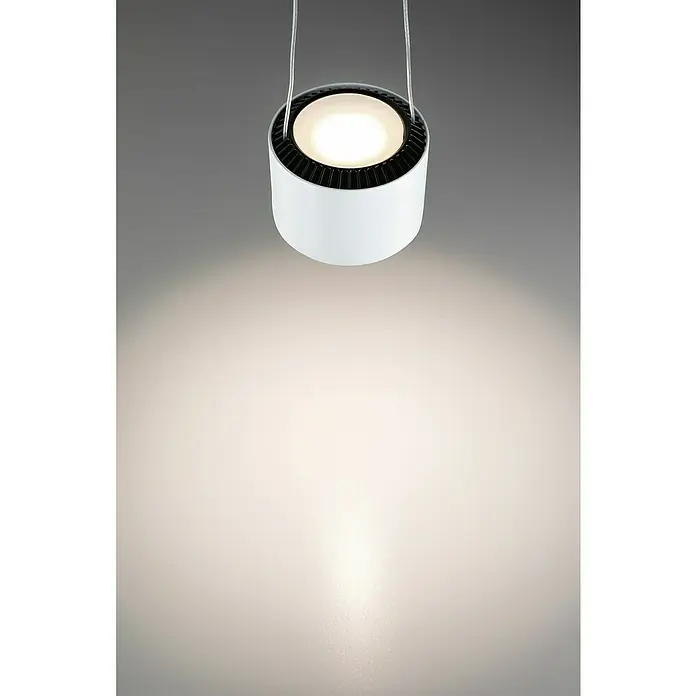 Paulmann URail LED-Pendelleuchte Aldan - Neutralweiß, Signalweiß, Ø x H: 9,8 x 150 cm, 4.000 K - Ein zylindrischer LED-Strahler in Weiß mit einem schwarzen Kühlkörper, der an dünnen Kabeln von der Decke hängt und einen hellen Lichtkegel wirft.