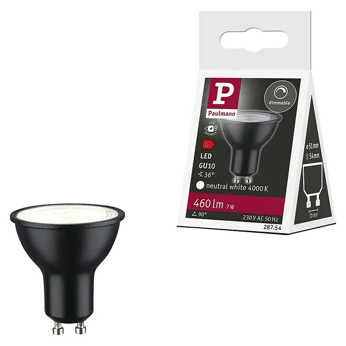 Paulmann LED-Lampe Reflektor StandardGU10, Dimmbar, Neutralweiß, 460 lm, 7 W, 1 Stk., Schwarz - Produktbild: Paulmann LED-Leuchtmittel GU10, 7W, 460 Lumen, neutralweiß (4000K), dimmbar, für angenehme Beleuchtung.