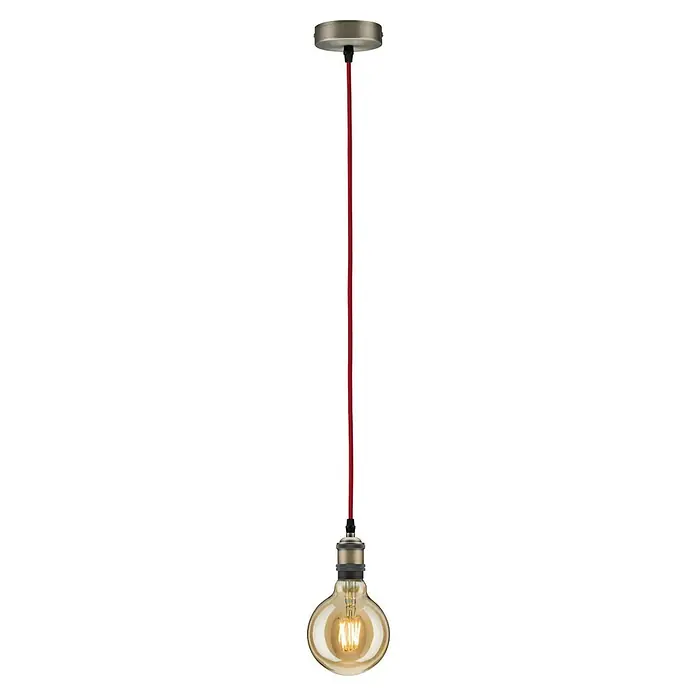 Paulmann Bombilla LED Vintage 1879 Globo - E27, Intensidad regulable, Blanco cálido, 450 lm, 6 W, 1 ud. - Una lámpara colgante con una varilla roja alargada y una bombilla de estilo vintage que emite una luz cálida. ¡Iluminación con estilo!