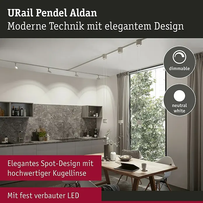 Paulmann URail LED-Pendelleuchte Aldan - Neutralweiß, Signalweiß, Ø x H: 9,8 x 150 cm, 4.000 K - URail Pendel Aldan: Moderne Pendelleuchte mit elegantem Spot-Design und hochwertiger Kugellinse. Dimmbar und mit neutralweißem Licht für stimmungsvolle Beleuchtung.