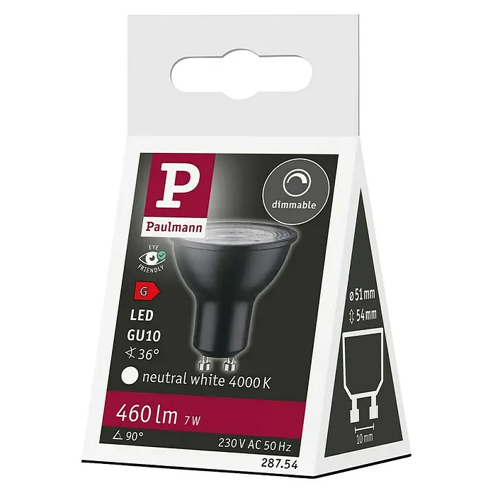 Paulmann LED-Lampe Reflektor Standard - GU10, Dimmbar, Neutralweiß, 460 lm, 7 W, 1 Stk., Schwarz - Verpackung einer dimmbaren Paulmann LED GU10 Lampe mit 7W, neutralweißem Licht (4000 K) und 460 Lumen Lichtstrom.