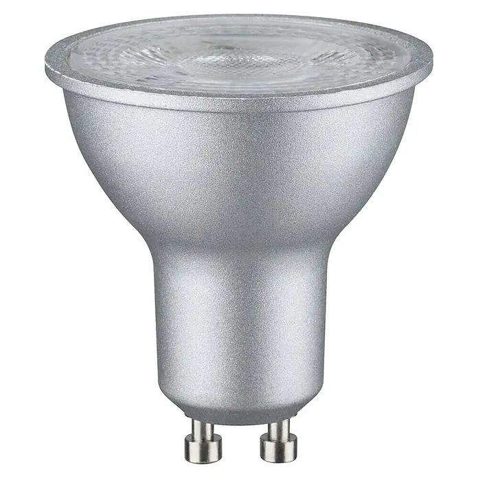 Paulmann LED-Lampe Reflektor Standard - GU10, Dimmbar, Neutralweiß, 460 lm, 7 W, 1 Stk., Chrom matt - Nahaufnahme einer silbernen GU10 LED Lampe. Die Lampe hat einen klaren, strukturierten Einsatz und zwei Stifte am Sockel.