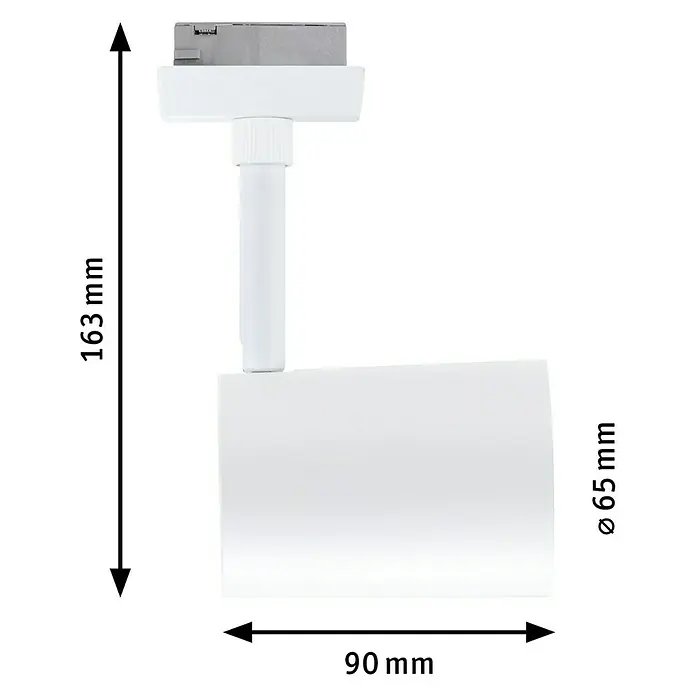 Paulmann URail LED-Spot Luxe - 10 W, Signalweiß, 6,5 x 9 x 16,3 cm - Das Bild zeigt einen weißen Stromschienenstrahler mit den Maßen 163 mm Höhe, 90 mm Länge und 65 mm Durchmesser. Ideal für gezielte Beleuchtung.