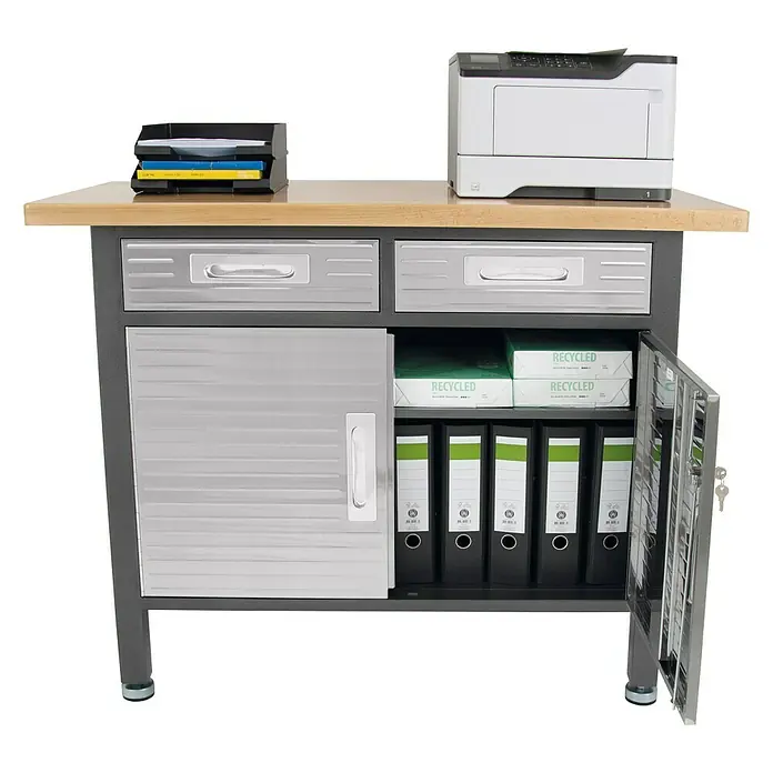 Werkbank mit Schubladen & Unterschrank - L x B: 61 x 122 cm, Arbeitshöhe: 95 cm, Belastbarkeit: 315 kg, Anthrazit/Silber - Büromöbel mit Rollcontainer, Schubladen und Ablagefächern für eine geordnete Arbeitsumgebung.\n