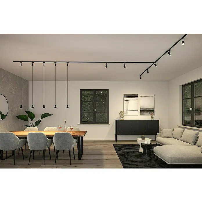 Paulmann URail LED-Spot Runa - 10 W, Schwarz matt, 3,5 x 6 x 13,3 cm - Das moderne Wohnzimmer verfügt über eine auffällige schwarze Schienenbeleuchtung, die sowohl funktionale als auch dekorative Akzente setzt.