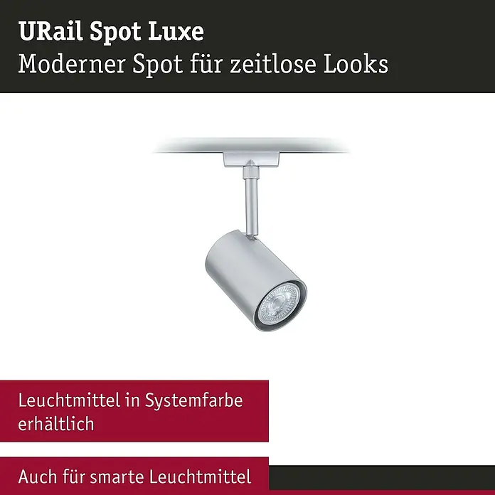 Paulmann URail LED-Spot Luxe - 10 W, Chrom matt, 6,5 x 9 x 16,3 cm - Das Bild zeigt einen modernen URail Spot Luxe in Silber. Der Spot ist stilvoll und für zeitlose Beleuchtungsanforderungen konzipiert.