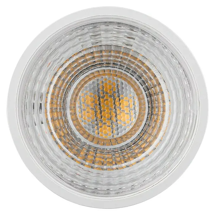 Paulmann LED-Lampe Reflektor Standard - GU10, Nicht Dimmbar, Neutralweiß, 250 lm, 3,5 W, 1 Stk. - Nahaufnahme einer MR16 LED-Lampe mit klarem Gehäuse und gelben LEDs in einem Sechskantmuster für energieeffiziente Beleuchtung.