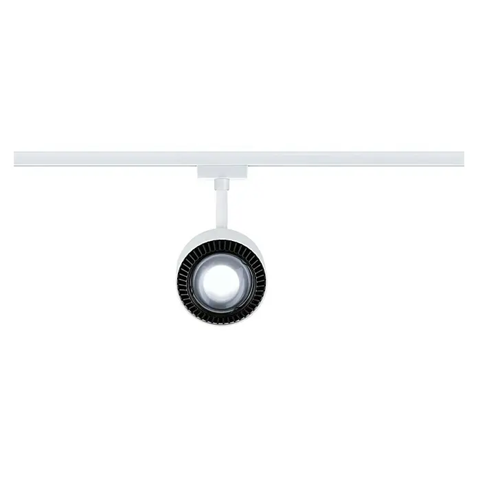 Paulmann URail LED-Spot Aldan - Signalweiß, Neutralweiß, Ø x H: 9,8 x 17 cm - Nahaufnahme einer modernen, weißen LED-Deckenleuchte an einer Schiene, die helles Licht ausstrahlt und ein minimalistisches Design aufweist.
