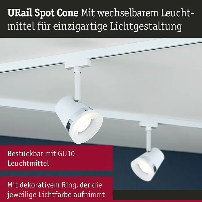Paulmann URail Spot Cone - Ø x H: 8,5 x 18 cm, GU10, Ohne Leuchtmittel, Signalweiß - URail Spot Cone mit wechselbarem Leuchtmittel. Die Leuchte bietet flexible Lichtgestaltung und hat einen dekorativen Ring.