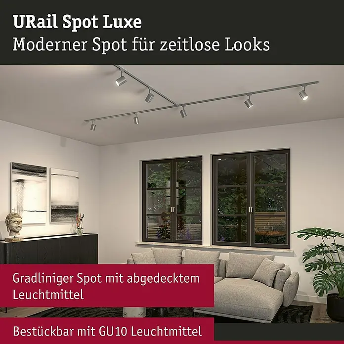Paulmann URail LED-Spot Luxe - 10 W, Chrom matt, 6,5 x 9 x 16,3 cm - Deckenleuchte URail Spot Luxe: Moderner Spot für zeitlose Looks, gradlinig und bestückbar mit GU10 Leuchtmittel.