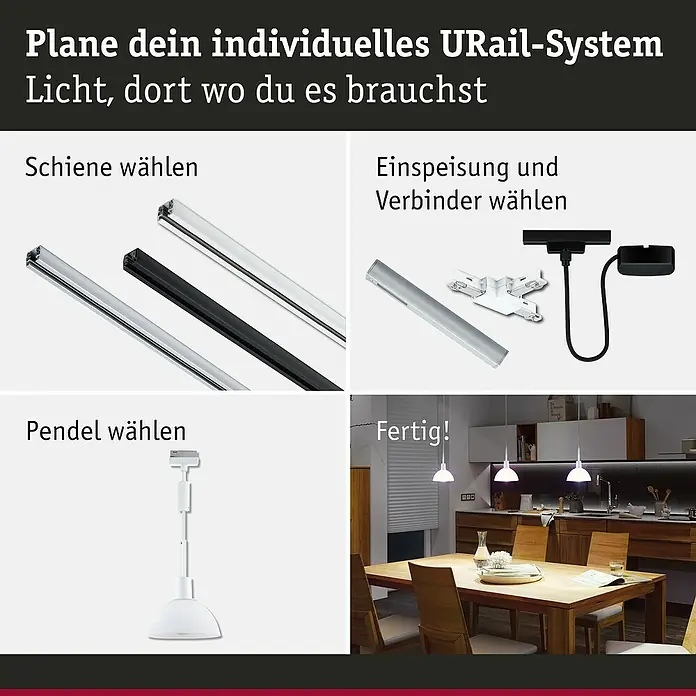 Paulmann URail Pendelleuchte Sarrasani - E14, Signalweiß - URail-System-Konfigurator. Schienen, Einspeisungen, Verbinder und Pendel auswählen, um ein individuelles Beleuchtungssystem zu erstellen.
