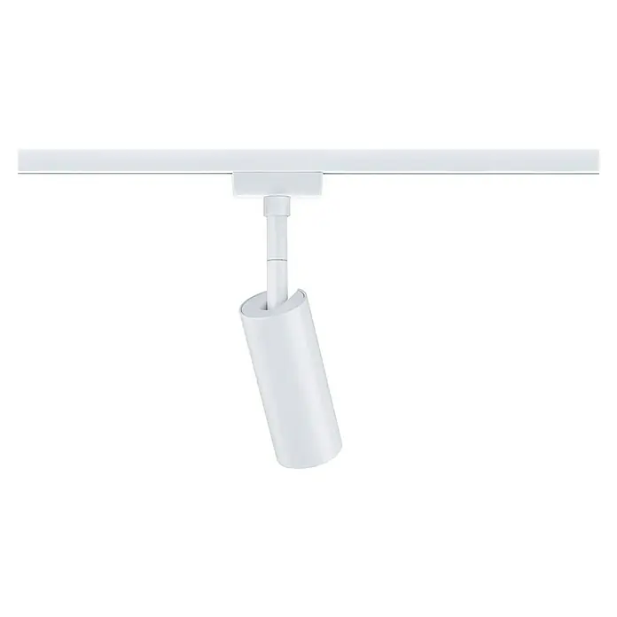 Paulmann URail LED-Spot Tubo - 5 W, Warmweiß, Signalweiß - Aufnahme einer weißen LED-Schiene mit Strahlern, die ein minimalistisches und modernes Design für die Innenbeleuchtung zeigt.