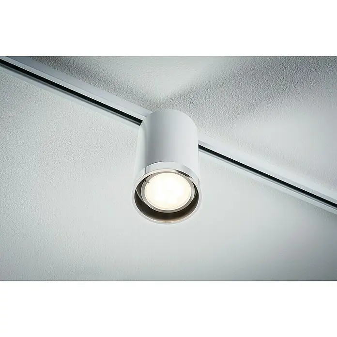 Paulmann URail LED-Spot Tube - Signalweiß, GU10, Ø x H: 6,5 x 12,8 cm - Moderne LED-Deckenleuchte mit zylindrischem Design und silbernem Akzent, montiert an einer weißen Schiene für flexible Beleuchtungslösungen.