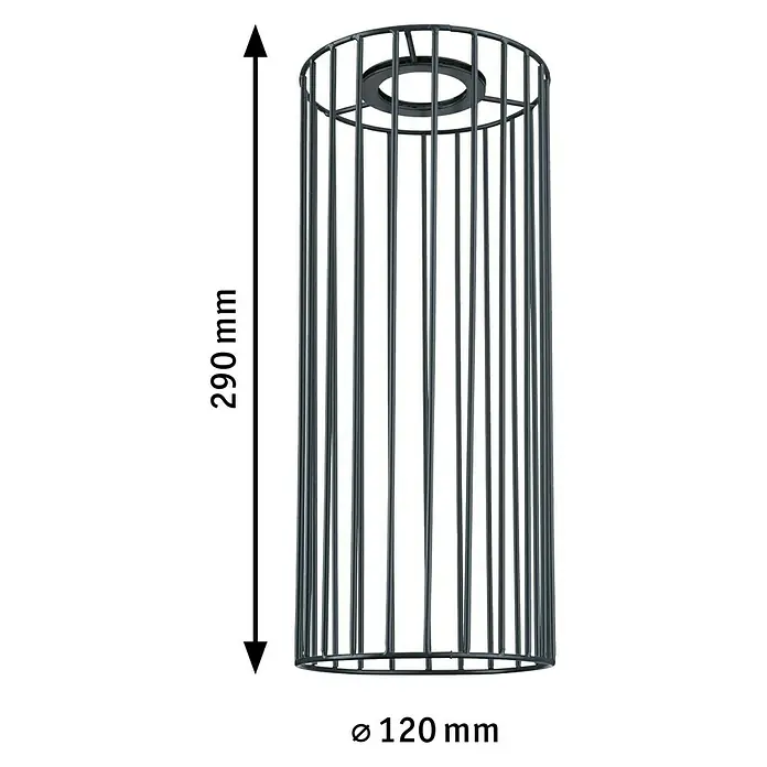 Paulmann URail Lampenschirm Biraha - E27, Ø x H: 12 x 29 cm, Anthrazit - Produktansicht des Lampenschirms aus schwarzem Metall mit den Maßen 290 mm Höhe und 120 mm Durchmesser.