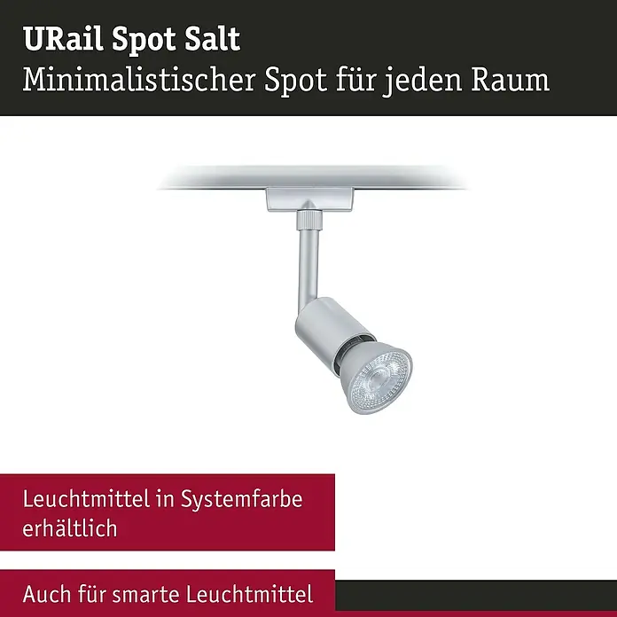Paulmann URail LED-Spot Salt - 10 W, Chrom matt, 3,5 x 4,5 x 11,3 cm - URail Spot Salt: Minimalistischer Spot für jeden Raum, erhältlich in Systemfarbe und auch für smarte Leuchtmittel geeignet.