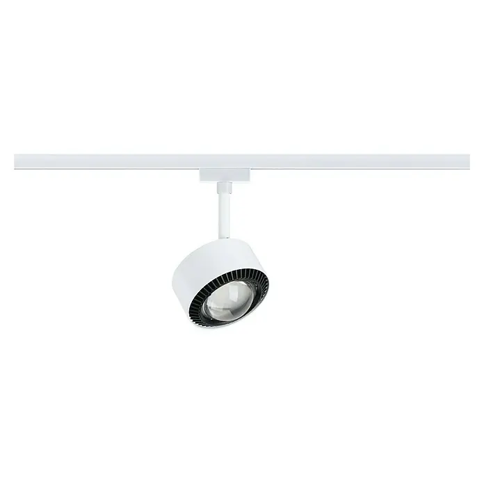 Paulmann URail LED-Spot Aldan - Signalweiß, Neutralweiß, Ø x H: 9,8 x 17 cm - Nahaufnahme einer weißen LED-Schienenleuchte mit klarem, kreisförmigem Glasdesign. Perfekt für moderne Beleuchtungskonzepte.