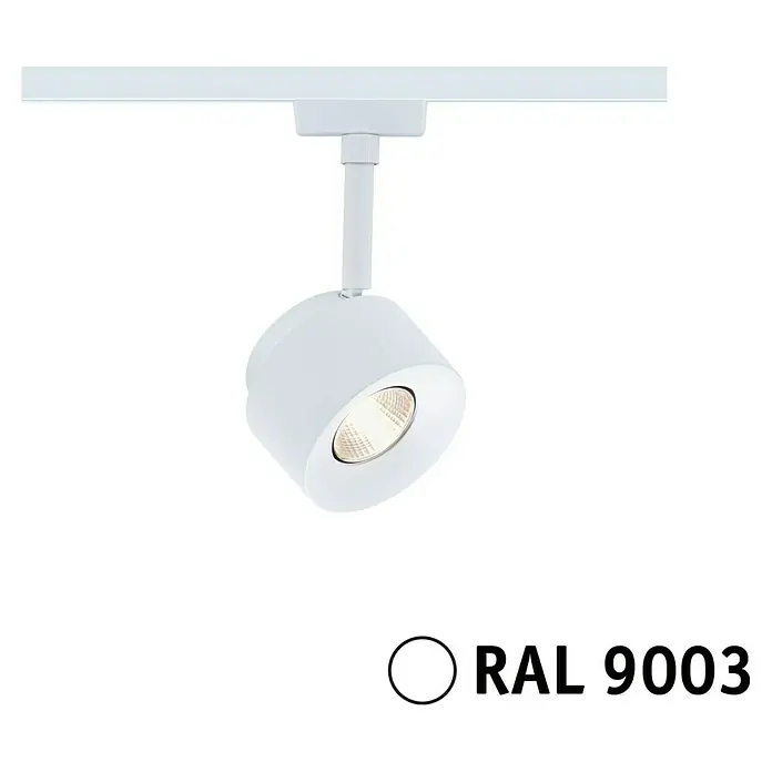 Paulmann URail LED-Spot Pane - Signalweiß, Warmweiß - Ein weißer LED-Strahler auf einer Schiene, Farbton RAL 9003, für moderne Beleuchtungslösungen in Innenräumen.