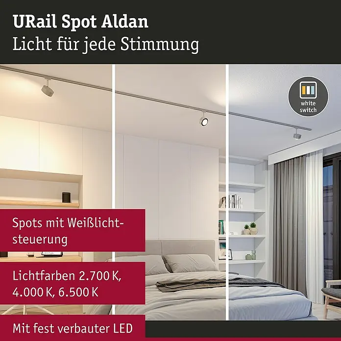 Paulmann URail LED-Spot Aldan - Chrom matt, Kaltweiß, Ø x H: 9,9 x 17,9 cm - URail Spot Aldan: Das Bild zeigt eine flexible LED-Leuchte mit Weißlichtsteuerung, die verschiedene Lichtfarben bietet.