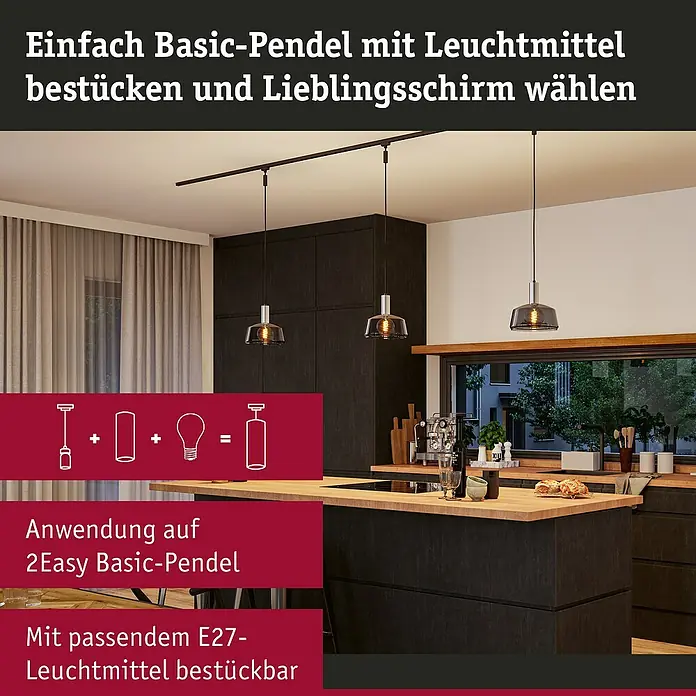 Paulmann URail Lampenschirm Neila - E27, Ø x H: 23 x 12,4 cm, Rauchglas - Eine moderne Pendelleuchte in einer stilvollen Küche. Die Leuchte ist einfach zu bestücken und mit einem Lieblingsschirm individualisierbar.