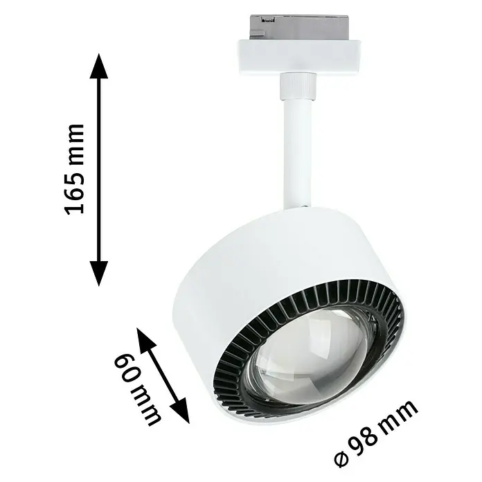 Paulmann URail LED-Spot Aldan - Signalweiß, Warmweiß, Ø x H: 9,8 x 17 cm - Abbildung einer weißen LED-Leuchte mit den Maßen 165 mm Höhe, 60 mm Breite und einem Durchmesser von 98 mm.